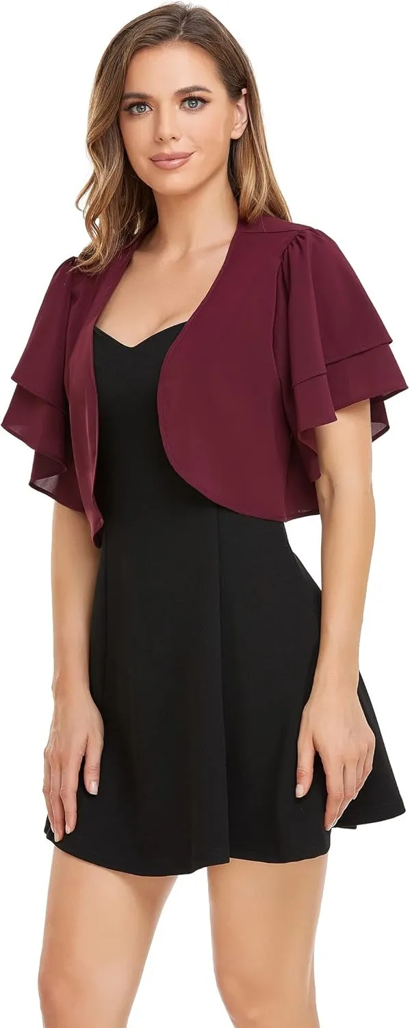 Women Short Sleeve Shrug Cropped Bolero Open Front Chiffon Cardigan for Evening Dress