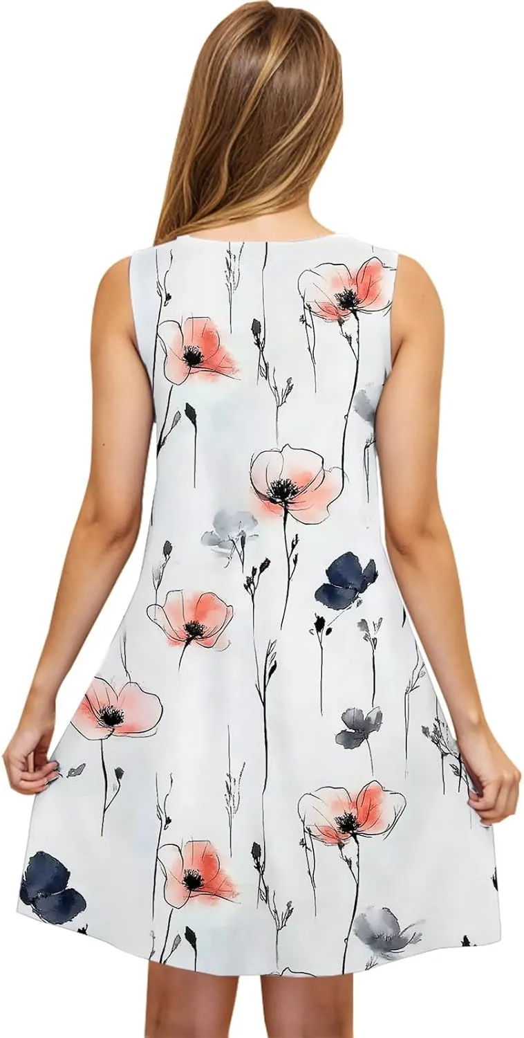 Women Summer Sleeveless T Shirt Dresses Scoop Neck Swing Ruffle A Line Mini Tank Dress Beach Swimsuit Bikini Cover Up