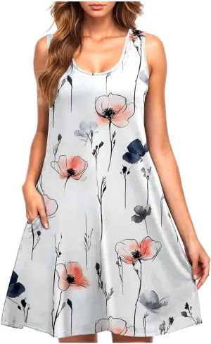 Women Summer Sleeveless T Shirt Dresses Scoop Neck Swing Ruffle A Line Mini Tank Dress Beach Swimsuit Bikini Cover Up