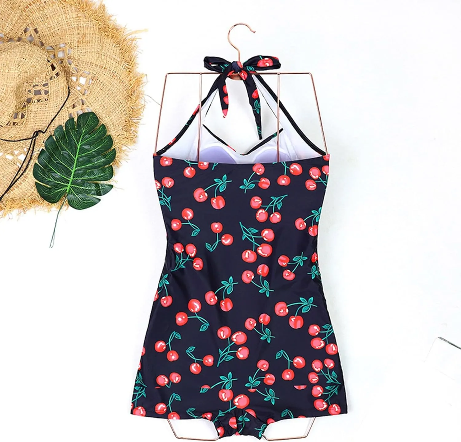 Women Tummy Control One Piece Swimsuits with Shorts Print Boyleg Ruched Retro Bathing Suit Halter Push up Swimwear
