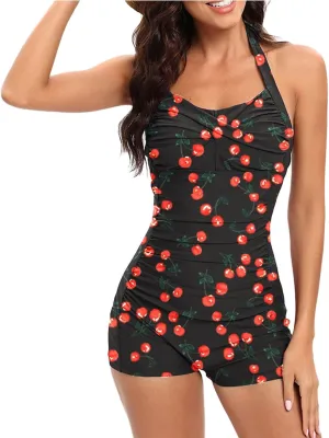Women Tummy Control One Piece Swimsuits with Shorts Print Boyleg Ruched Retro Bathing Suit Halter Push up Swimwear