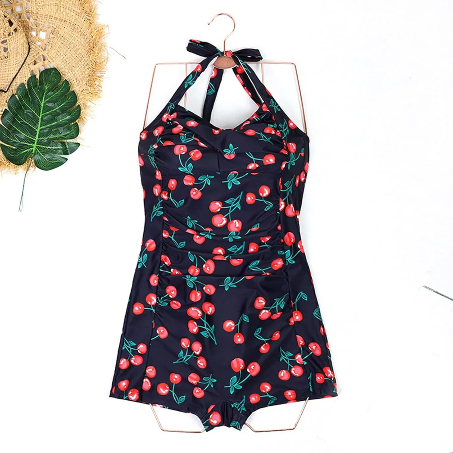 Women Tummy Control One Piece Swimsuits with Shorts Print Boyleg Ruched Retro Bathing Suit Halter Push up Swimwear