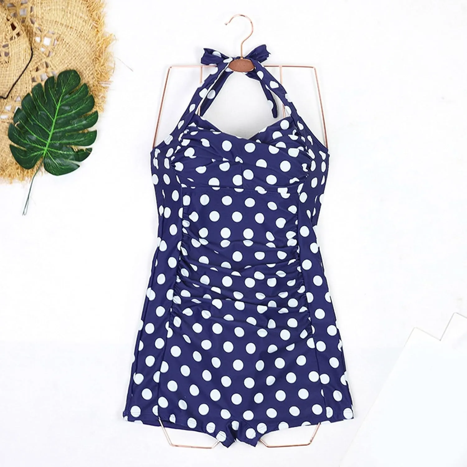 Women Tummy Control One Piece Swimsuits with Shorts Print Boyleg Ruched Retro Bathing Suit Halter Push up Swimwear