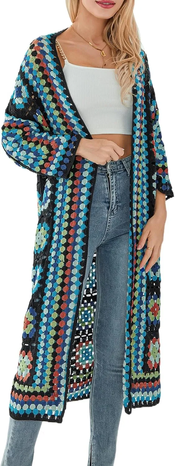 Women Vintage Crochet Granny Square Cardigan Jumper Long Sleeve Open Front Floral Knit Sweater Knitwear Long Cardigan