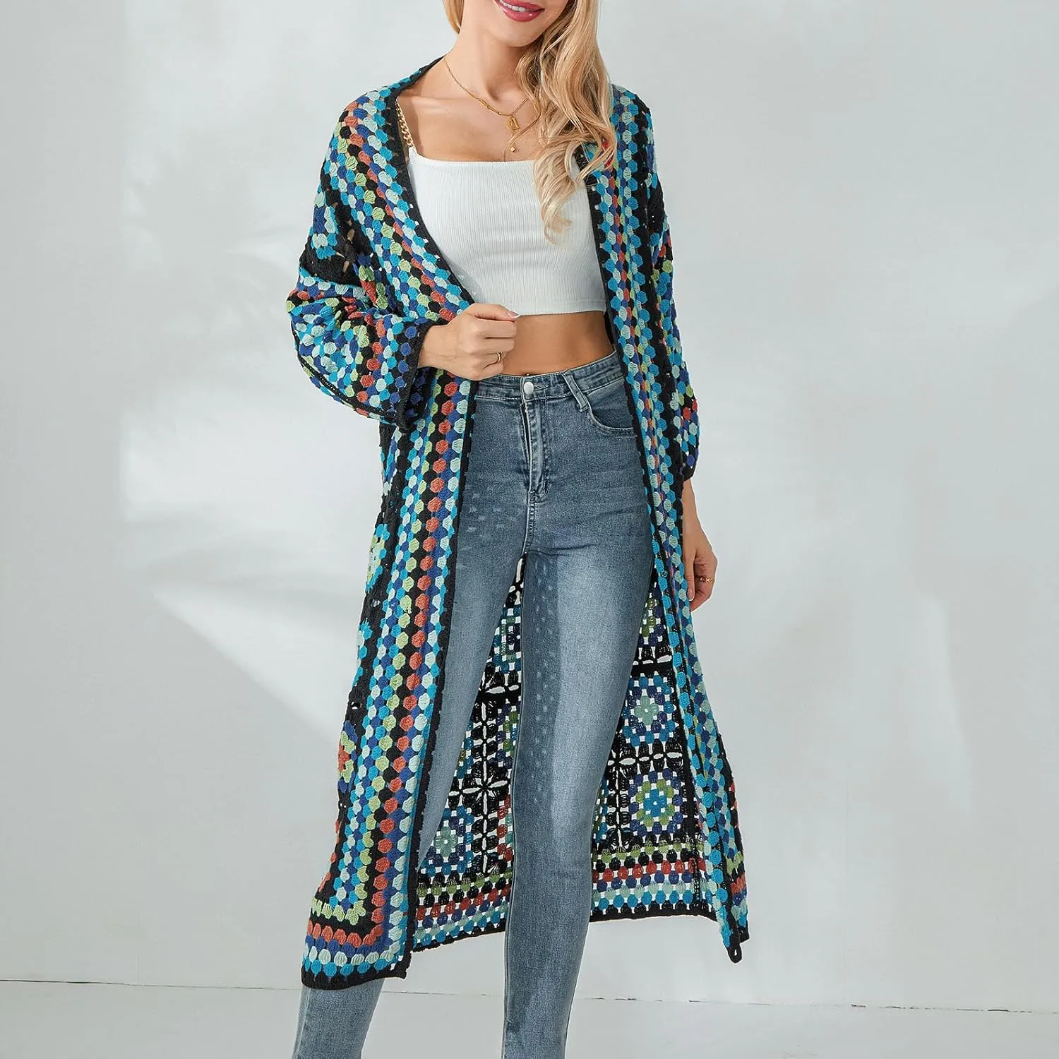 Women Vintage Crochet Granny Square Cardigan Jumper Long Sleeve Open Front Floral Knit Sweater Knitwear Long Cardigan