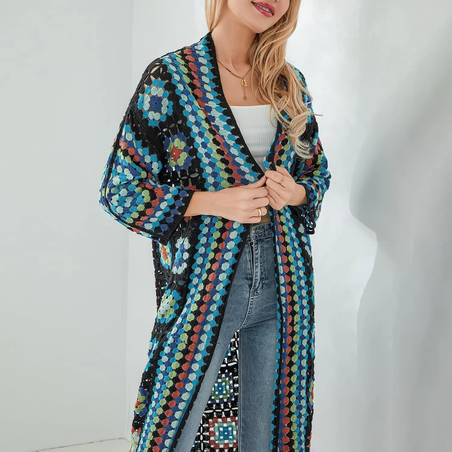 Women Vintage Crochet Granny Square Cardigan Jumper Long Sleeve Open Front Floral Knit Sweater Knitwear Long Cardigan