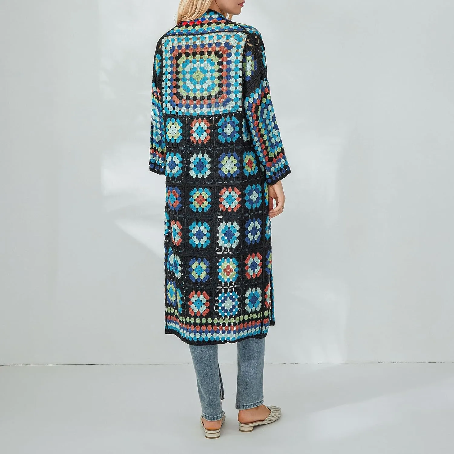 Women Vintage Crochet Granny Square Cardigan Jumper Long Sleeve Open Front Floral Knit Sweater Knitwear Long Cardigan