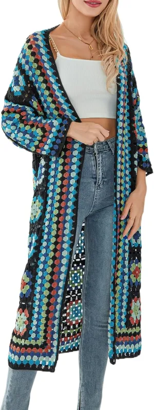 Women Vintage Crochet Granny Square Cardigan Jumper Long Sleeve Open Front Floral Knit Sweater Knitwear Long Cardigan
