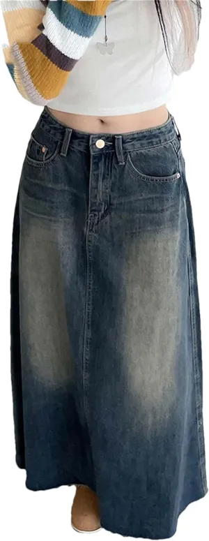 Women Vintage High Waisted Midi Jean Skirt Casual Button-Fly Denim Long Skirts