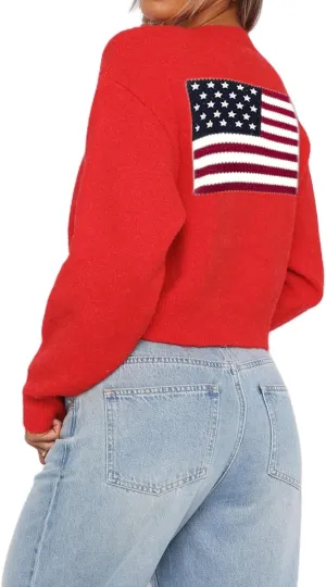 Womens American Flag Sweater Cardigan USA Flag Star Stripe Long Sleeve Knitted Casual Knitwear Sweaters