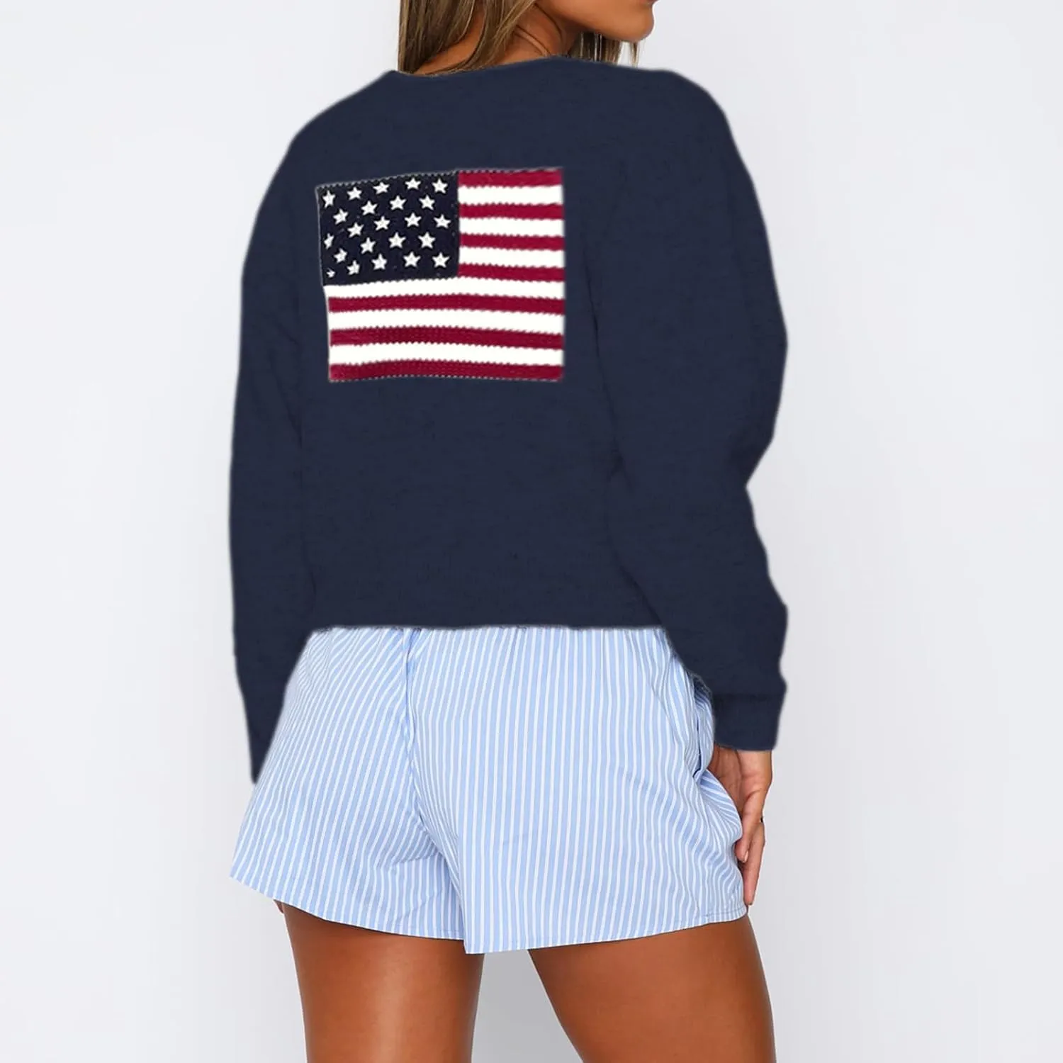 Womens American Flag Sweater Cardigan USA Flag Star Stripe Long Sleeve Knitted Casual Knitwear Sweaters