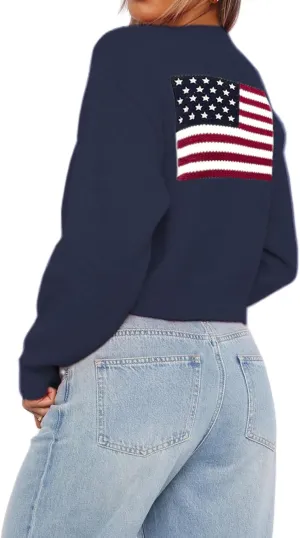 Womens American Flag Sweater Cardigan USA Flag Star Stripe Long Sleeve Knitted Casual Knitwear Sweaters