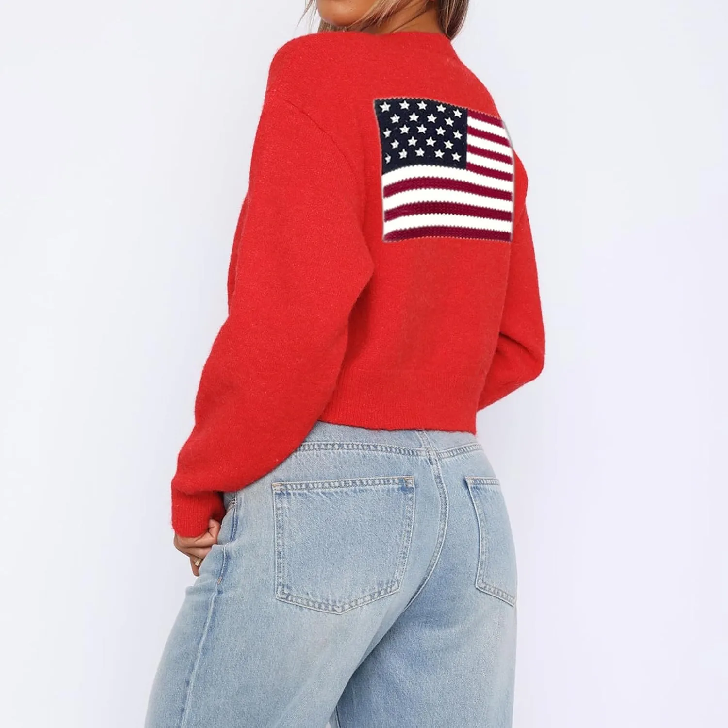 Womens American Flag Sweater Cardigan USA Flag Star Stripe Long Sleeve Knitted Casual Knitwear Sweaters