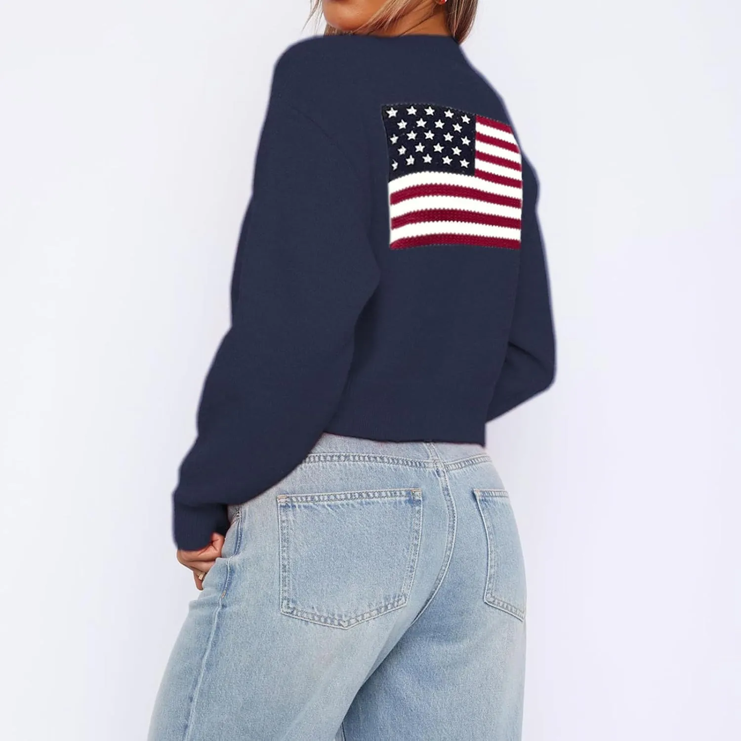 Womens American Flag Sweater Cardigan USA Flag Star Stripe Long Sleeve Knitted Casual Knitwear Sweaters