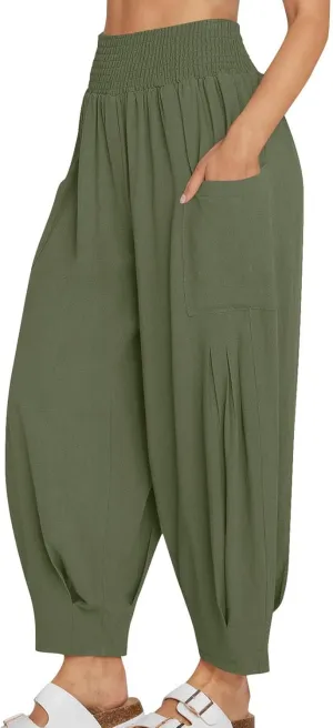 Women's Baggy Harem Pants Comfy Loose Summer Pants High Waisted Boho Beach Pants Trendy Travel Pants with Pockets