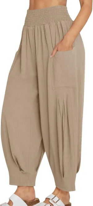 Women's Baggy Harem Pants Comfy Loose Summer Pants High Waisted Boho Beach Pants Trendy Travel Pants with Pockets