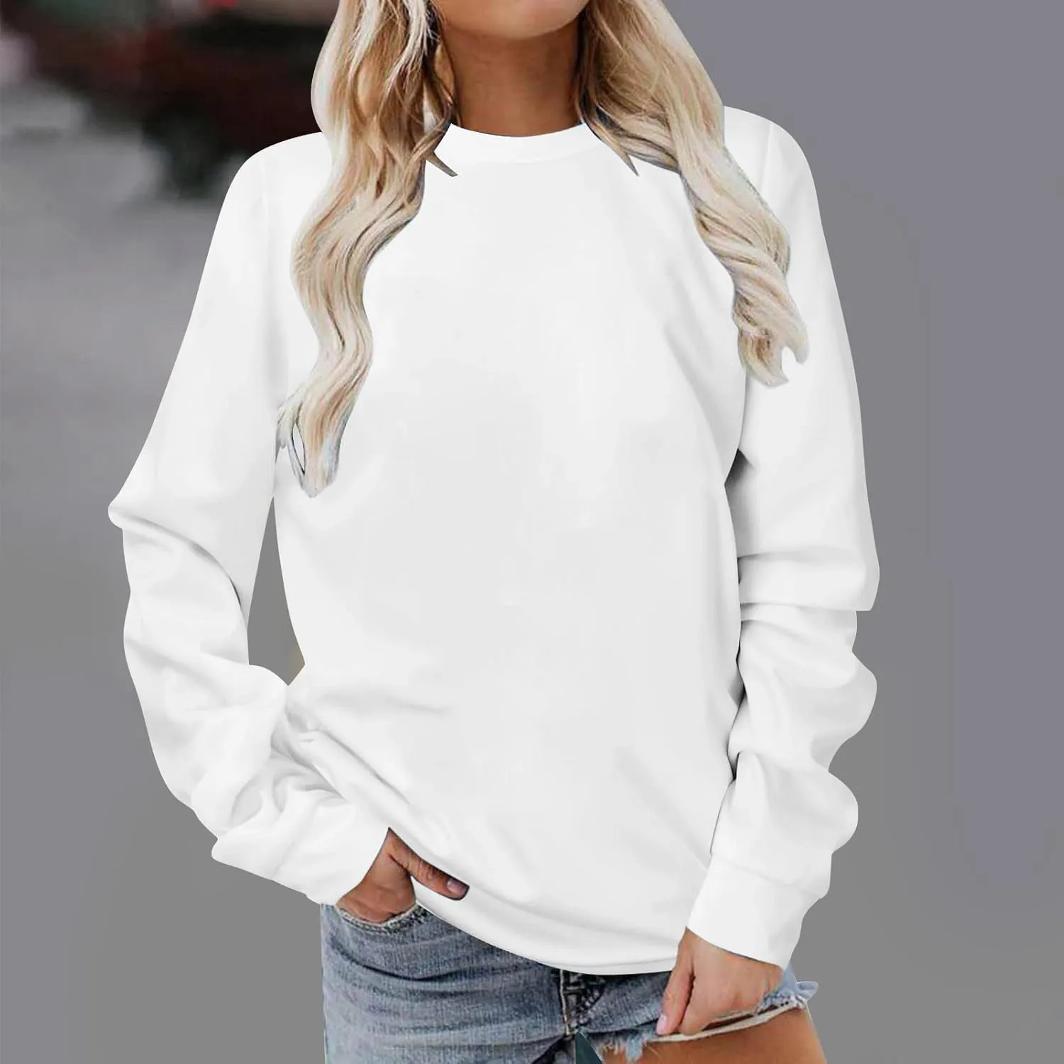 Women's Basic Sweatshirt,Casual Round Neck Solid Shirt Fashion Oversized Hoodie Elastic Hem Relaxed Fit Tops Pullover
