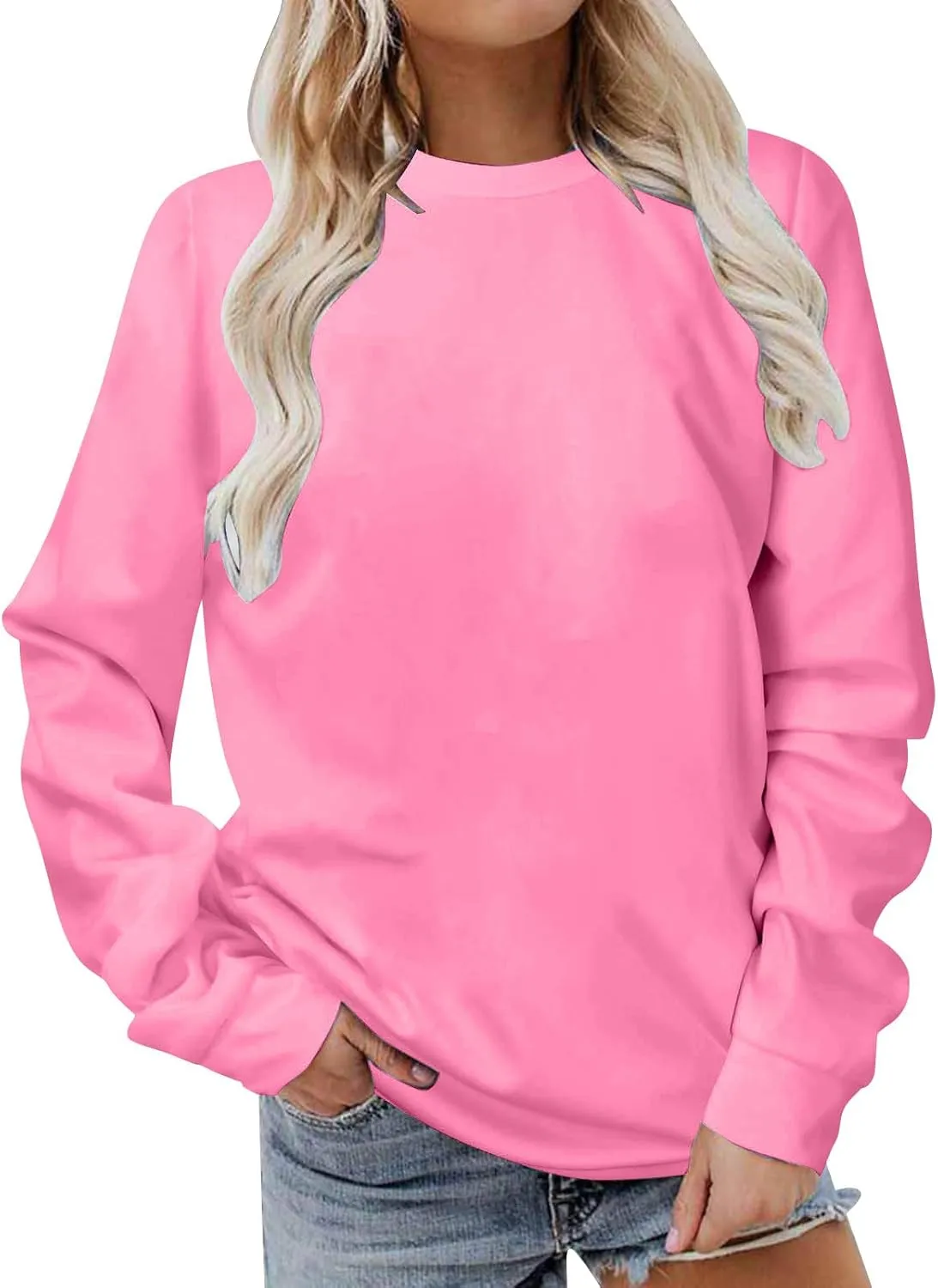 Women's Basic Sweatshirt,Casual Round Neck Solid Shirt Fashion Oversized Hoodie Elastic Hem Relaxed Fit Tops Pullover