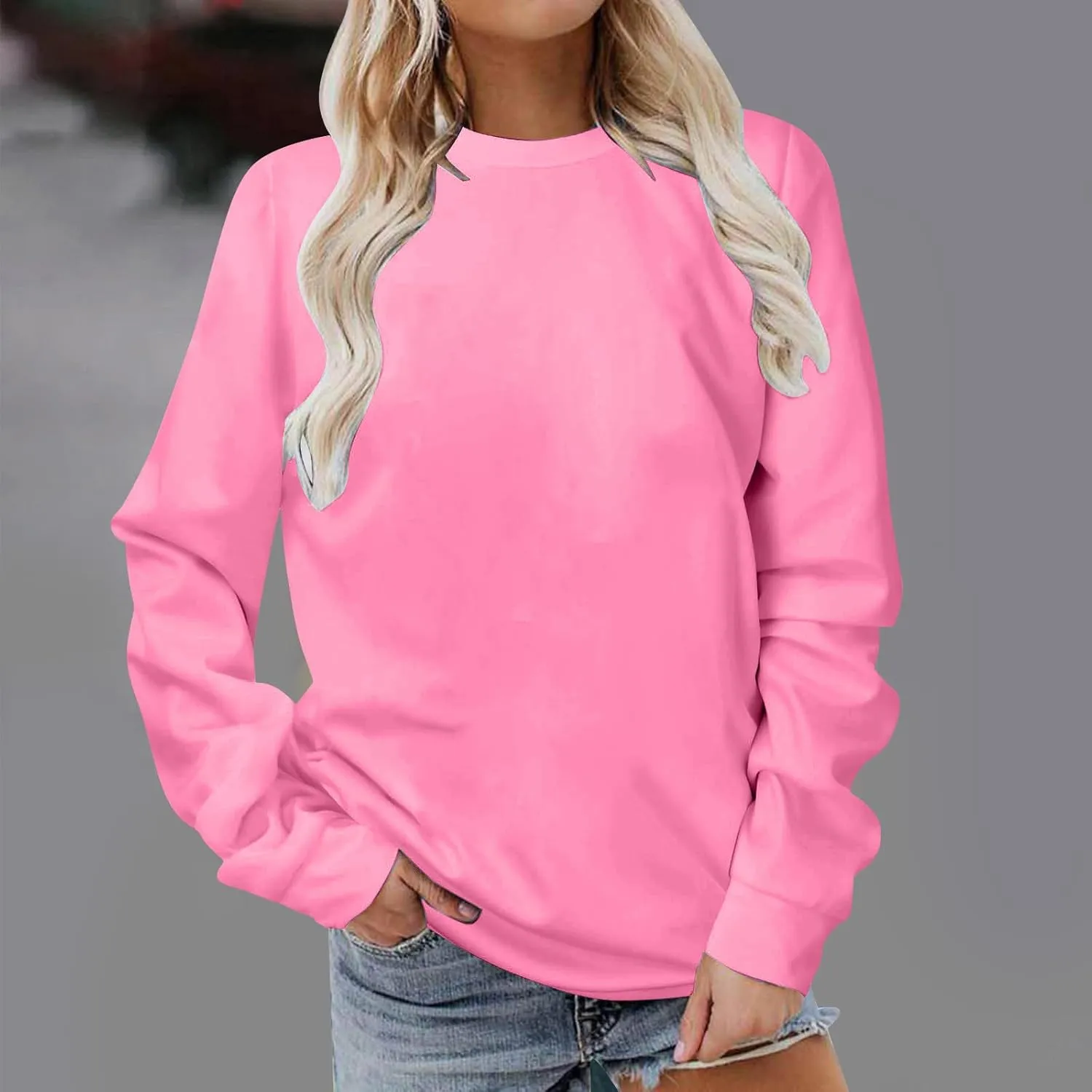 Women's Basic Sweatshirt,Casual Round Neck Solid Shirt Fashion Oversized Hoodie Elastic Hem Relaxed Fit Tops Pullover
