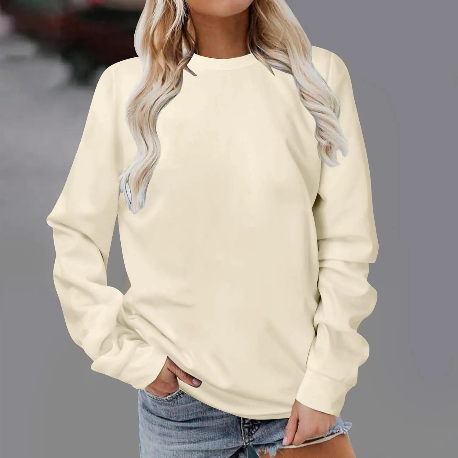 Women's Basic Sweatshirt,Casual Round Neck Solid Shirt Fashion Oversized Hoodie Elastic Hem Relaxed Fit Tops Pullover