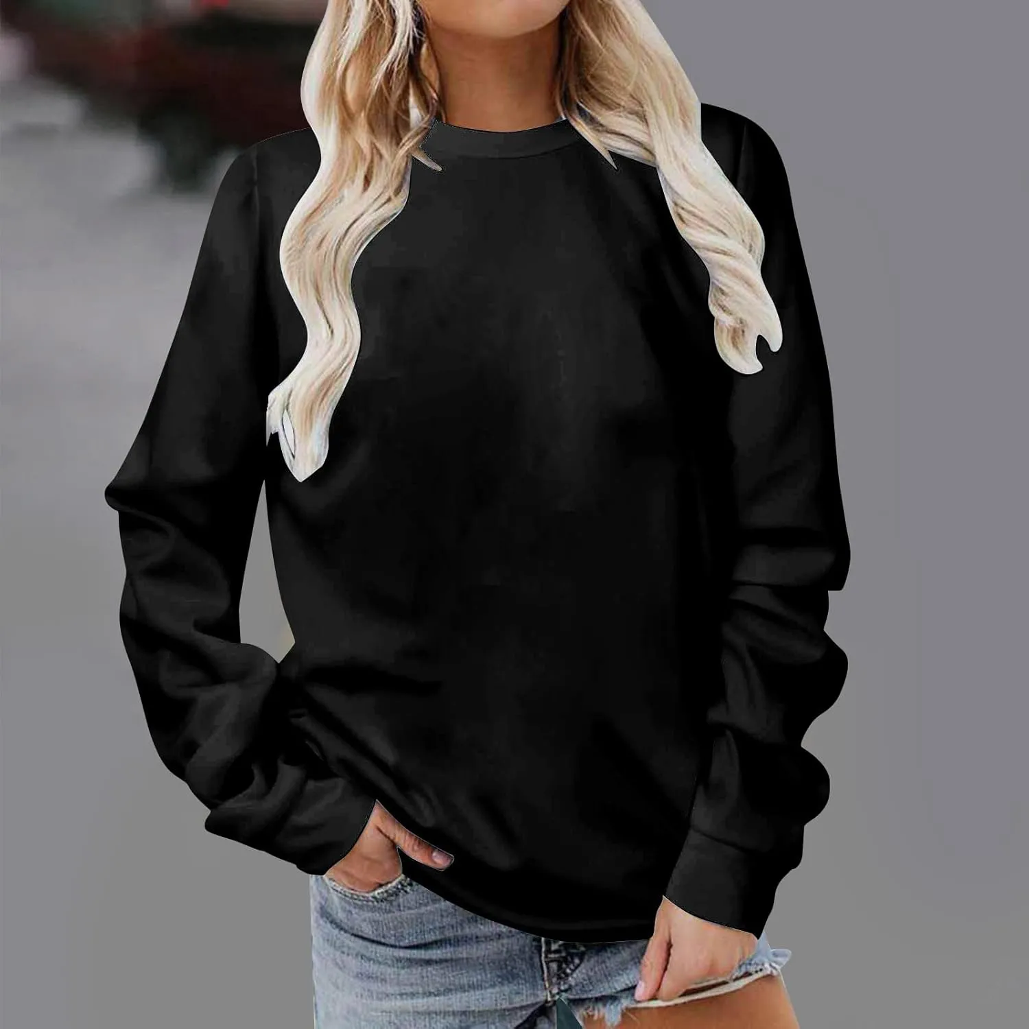 Women's Basic Sweatshirt,Casual Round Neck Solid Shirt Fashion Oversized Hoodie Elastic Hem Relaxed Fit Tops Pullover