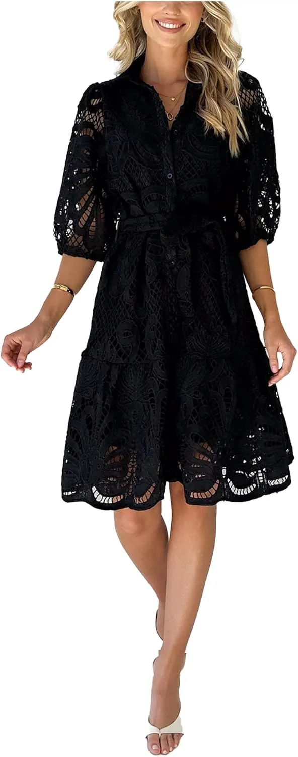 Women's Beach Dress V Neck Lace Mini Lantern Sleeve Smocked Ruffle Casual Sundress