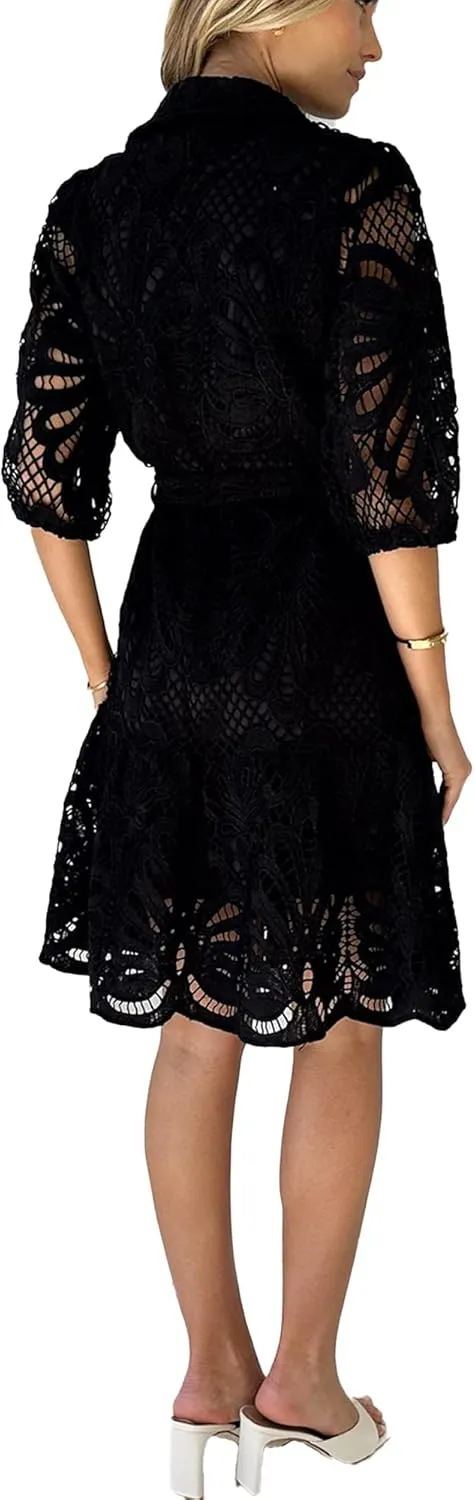 Women's Beach Dress V Neck Lace Mini Lantern Sleeve Smocked Ruffle Casual Sundress