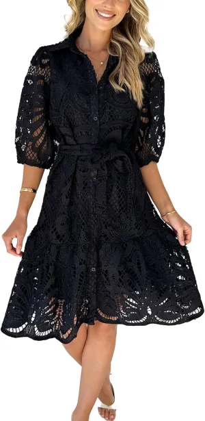 Women's Beach Dress V Neck Lace Mini Lantern Sleeve Smocked Ruffle Casual Sundress