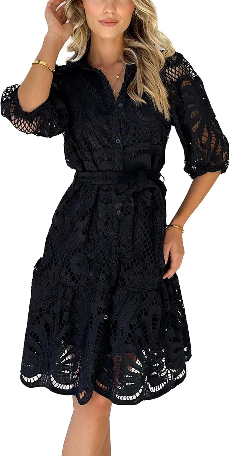 Women's Beach Dress V Neck Lace Mini Lantern Sleeve Smocked Ruffle Casual Sundress