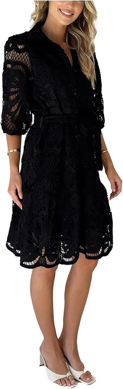 Women's Beach Dress V Neck Lace Mini Lantern Sleeve Smocked Ruffle Casual Sundress
