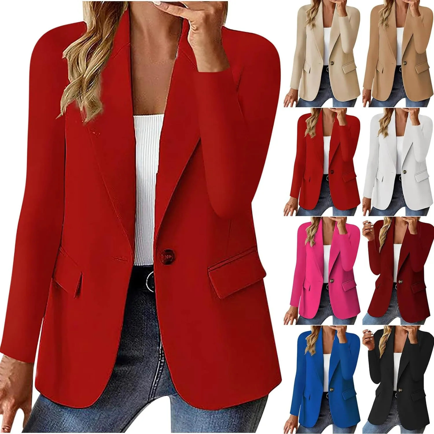 Women's Blazers Business Casual Long Sleeve Button Down Blazer Open Front Lapel Work Office Suits Jacket with Pockets