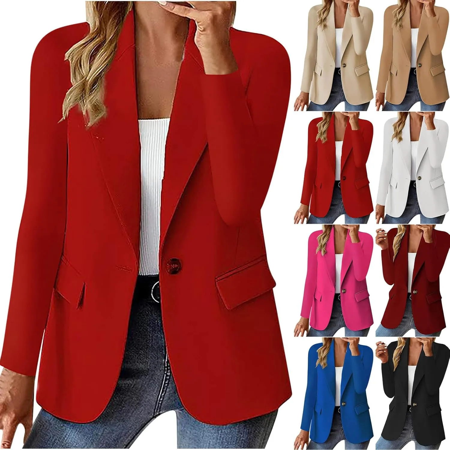 Women's Blazers Business Casual Long Sleeve Button Down Blazer Open Front Lapel Work Office Suits Jacket with Pockets