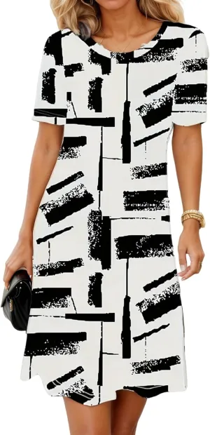 Womens Boho Summer Midi Dresses Floral Short Sleeve Crewneck Casual Loose Beach Vacation Sundresses