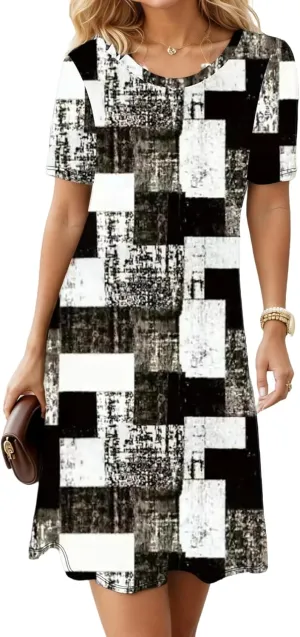 Womens Boho Summer Midi Dresses Floral Short Sleeve Crewneck Casual Loose Beach Vacation Sundresses