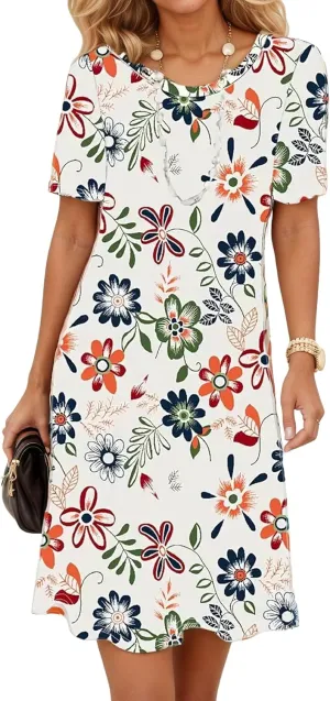 Womens Boho Summer Midi Dresses Floral Short Sleeve Crewneck Casual Loose Beach Vacation Sundresses