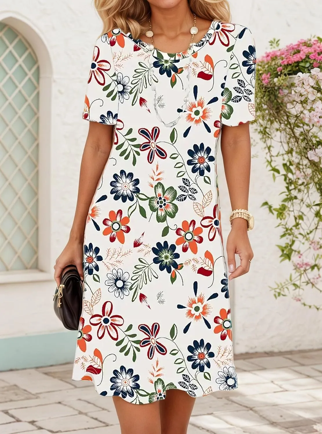 Womens Boho Summer Midi Dresses Floral Short Sleeve Crewneck Casual Loose Beach Vacation Sundresses