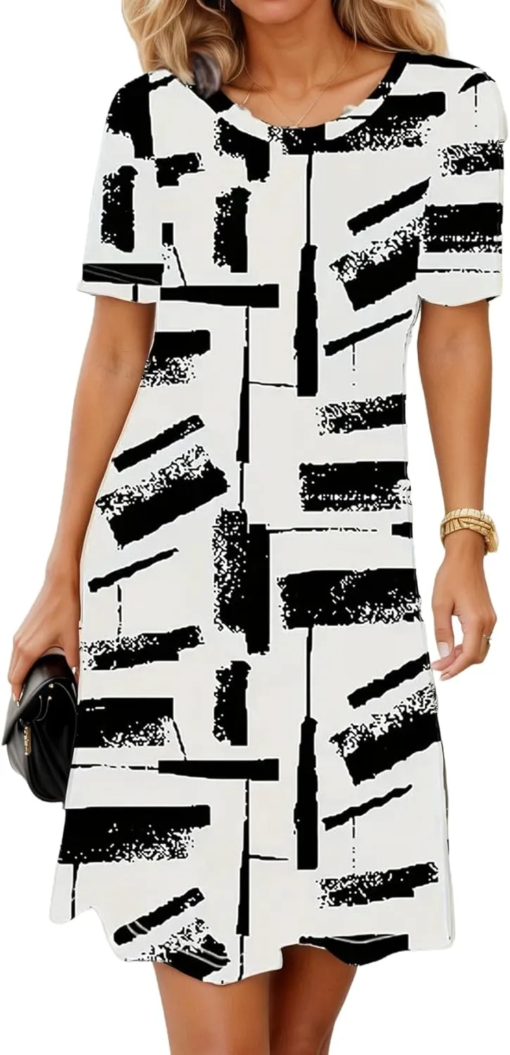 Womens Boho Summer Midi Dresses Floral Short Sleeve Crewneck Casual Loose Beach Vacation Sundresses