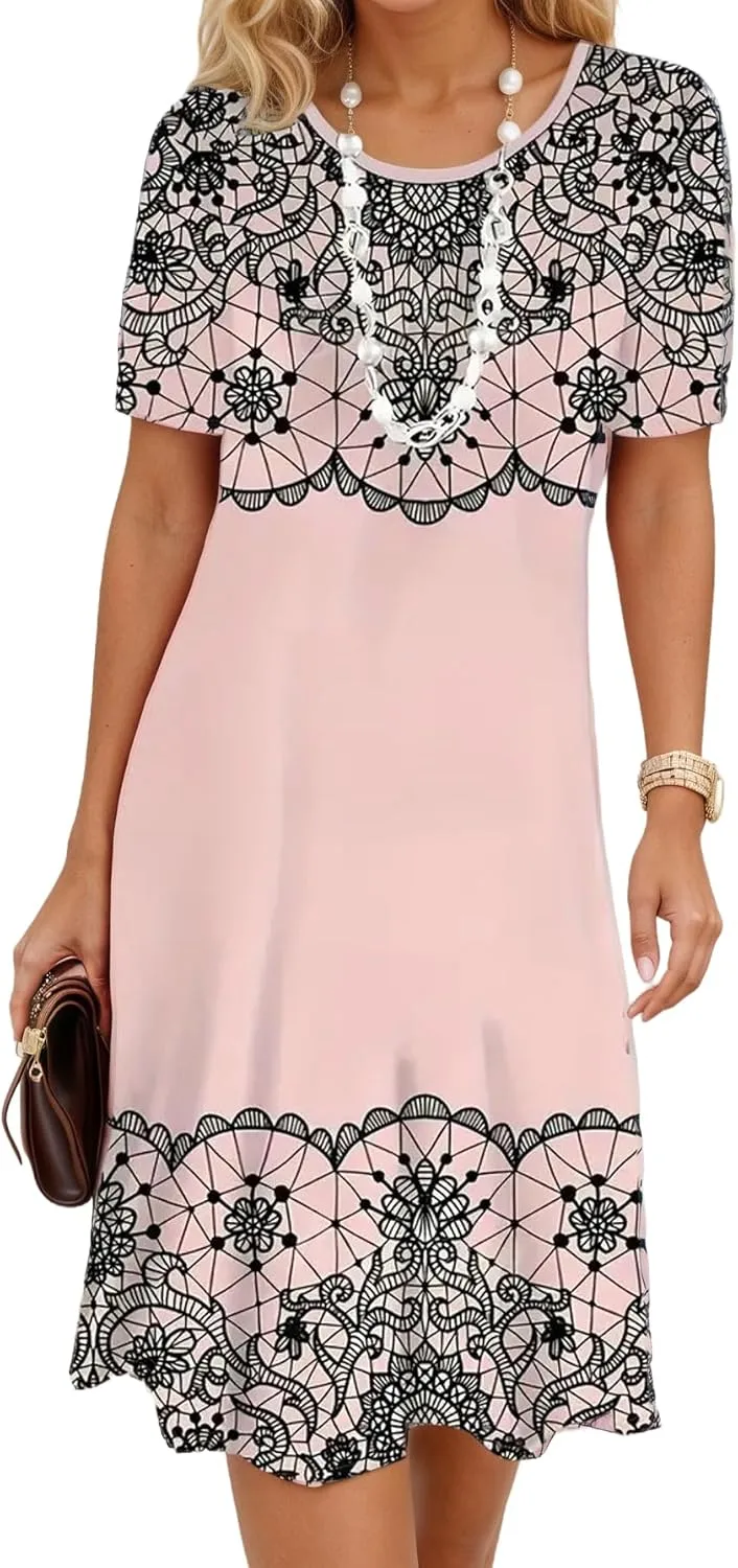 Womens Boho Summer Midi Dresses Floral Short Sleeve Crewneck Casual Loose Beach Vacation Sundresses
