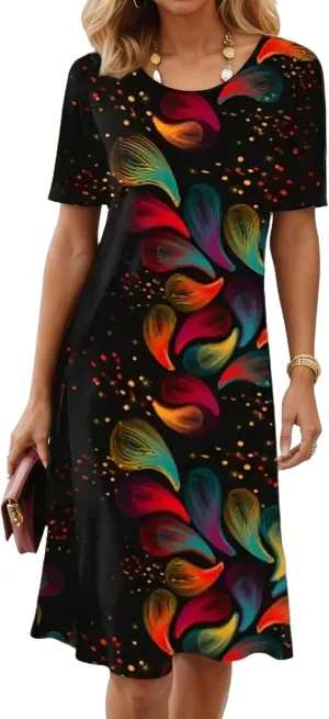 Womens Boho Summer Midi Dresses Floral Short Sleeve Crewneck Casual Loose Beach Vacation Sundresses