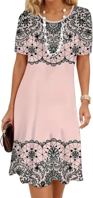 Womens Boho Summer Midi Dresses Floral Short Sleeve Crewneck Casual Loose Beach Vacation Sundresses