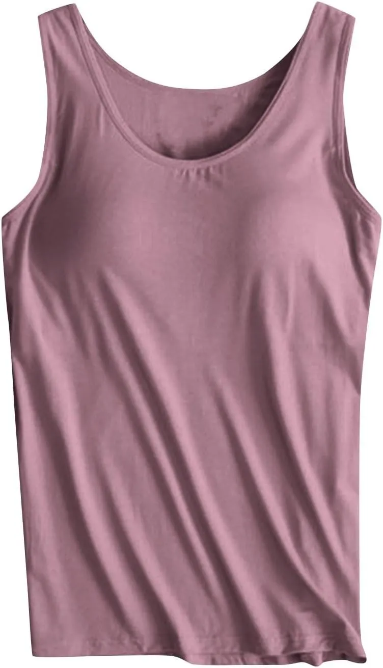 Womens Built in Bra Tank Tops Summer 2025 Sleeveless Crew Neck Basic Cami Shirt Racerback Yoga Athletic Blouses