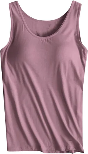 Womens Built in Bra Tank Tops Summer 2025 Sleeveless Crew Neck Basic Cami Shirt Racerback Yoga Athletic Blouses
