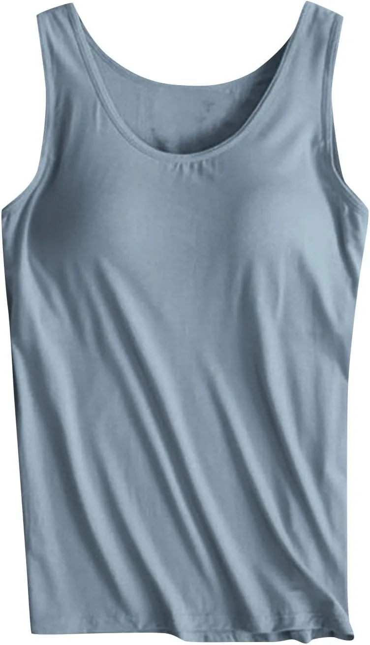 Womens Built in Bra Tank Tops Summer 2025 Sleeveless Crew Neck Basic Cami Shirt Racerback Yoga Athletic Blouses