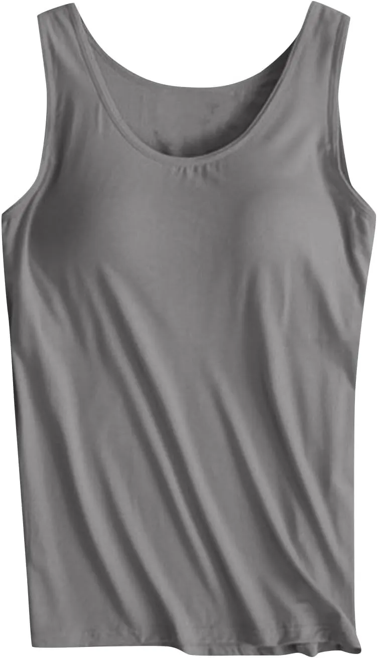 Womens Built in Bra Tank Tops Summer 2025 Sleeveless Crew Neck Basic Cami Shirt Racerback Yoga Athletic Blouses
