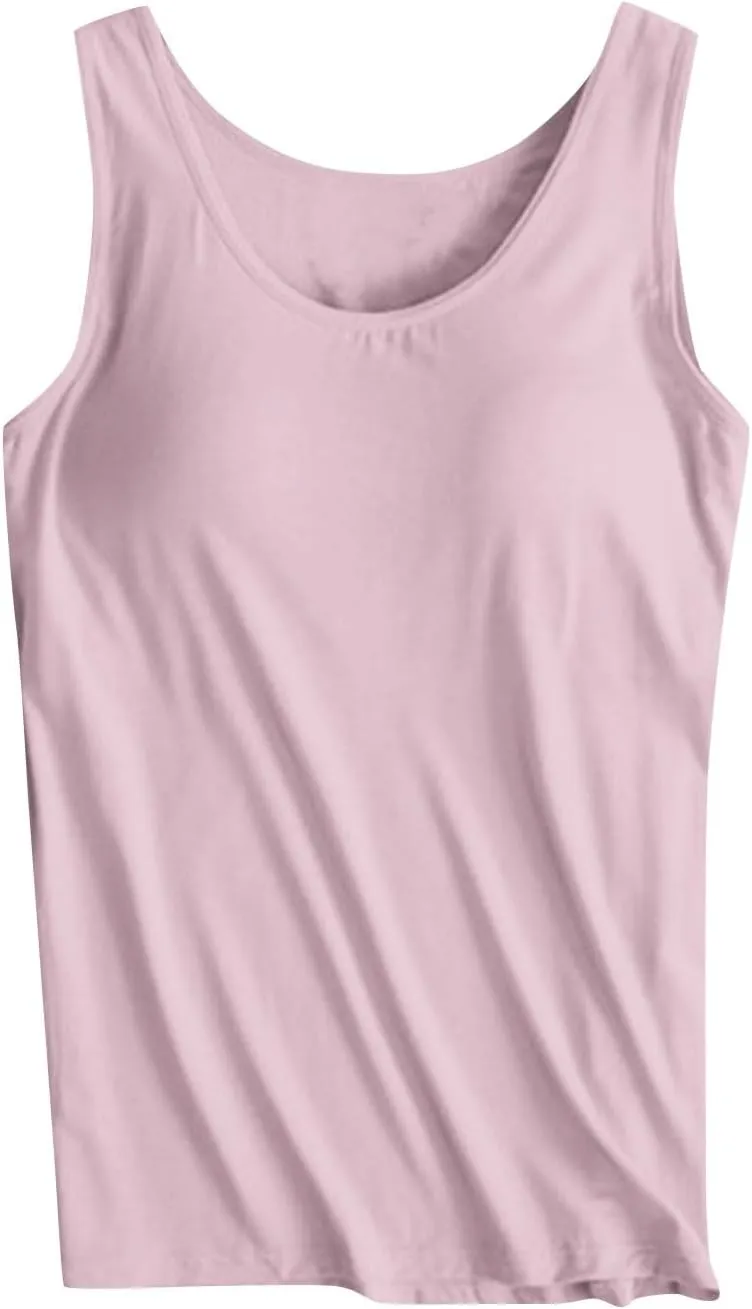 Womens Built in Bra Tank Tops Summer 2025 Sleeveless Crew Neck Basic Cami Shirt Racerback Yoga Athletic Blouses