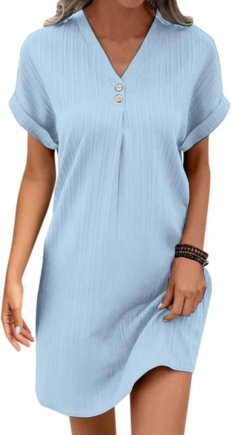 Womens Button Down Shirt Dress Summer Cotton Linen Dress V-Neck Mini Dress Casual Short Sleeve Loose Tunic Dresses
