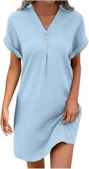 Womens Button Down Shirt Dress Summer Cotton Linen Dress V-Neck Mini Dress Casual Short Sleeve Loose Tunic Dresses