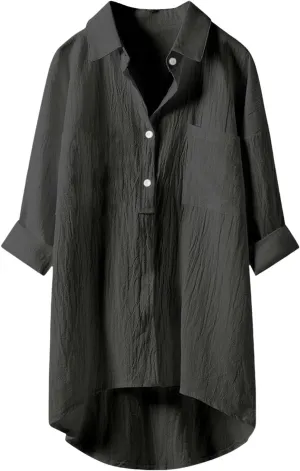Womens Button Shirt Dresses Daily Casual High Low Irregular Hem Short/Half Sleeve Blouse Loose Summer Linen Tops 2025
