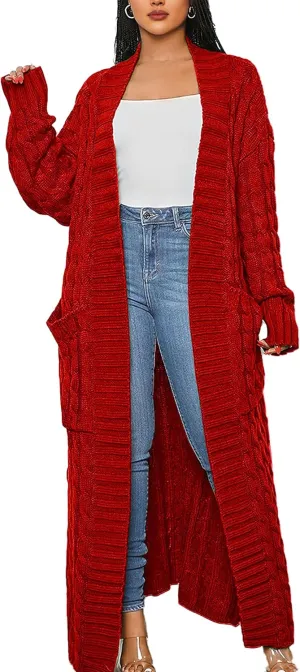 Women's Cable Knit Maxi Cardigan Long Cardigan Sweater Open Front Chunky Knitwear Coat with Pockets