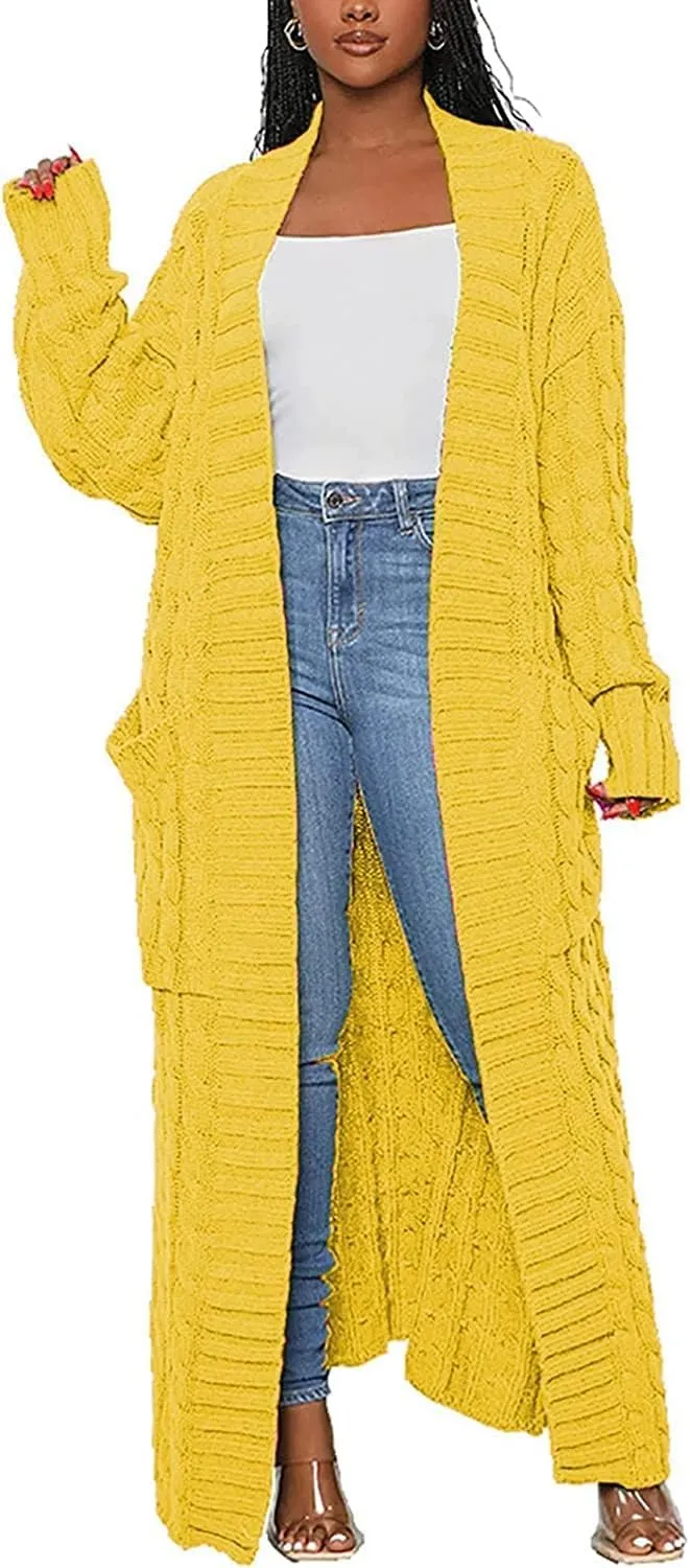 Women's Cable Knit Maxi Cardigan Long Cardigan Sweater Open Front Chunky Knitwear Coat with Pockets